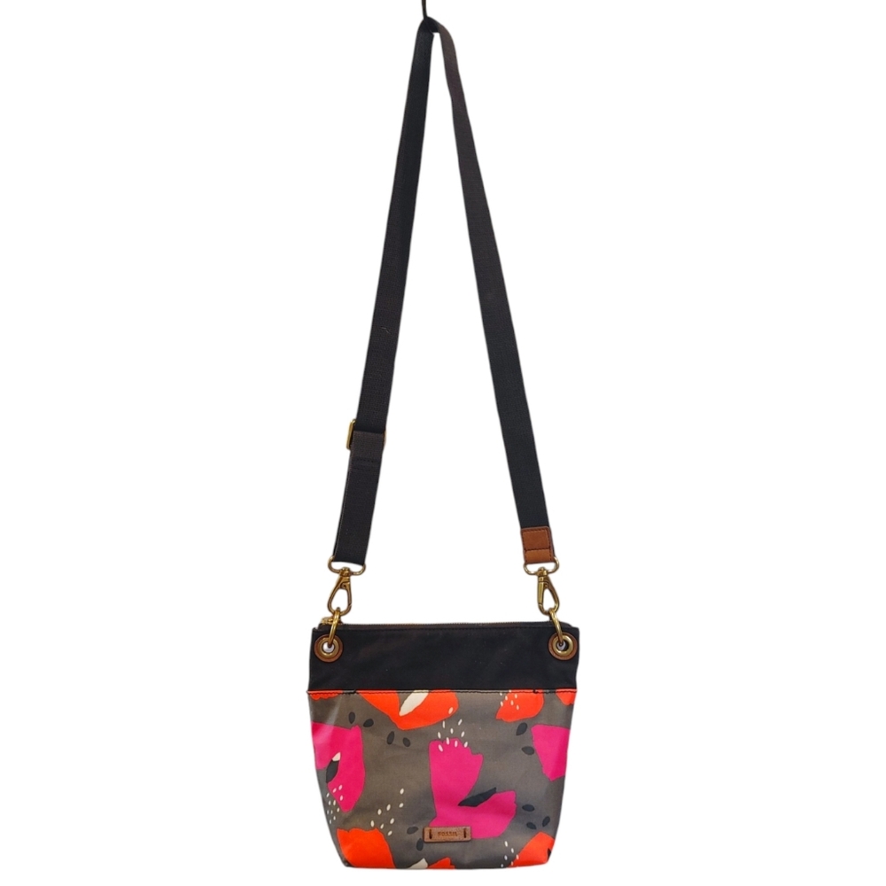 Fossil Canvas Leather Gray Floral Pink Orange Graphic Crossbody Handbag Bag